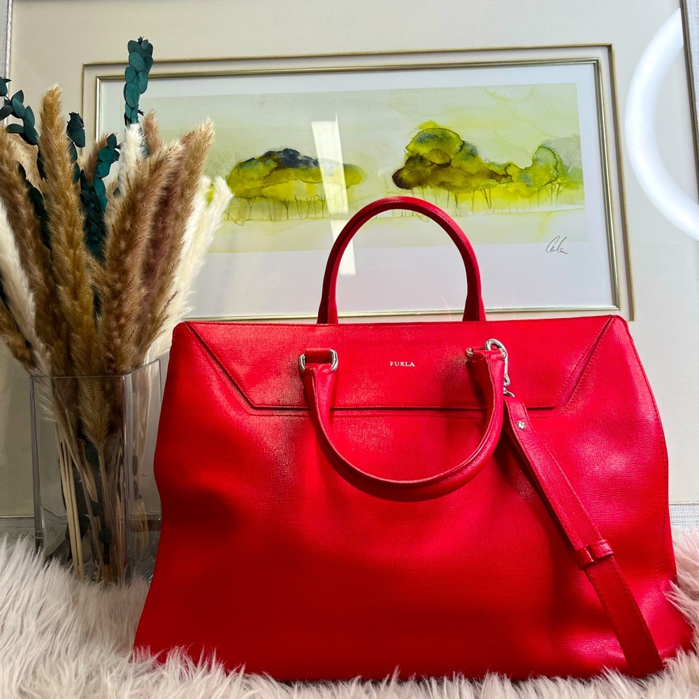 Red Furla Genuine Leather Shoulder Tote Bag